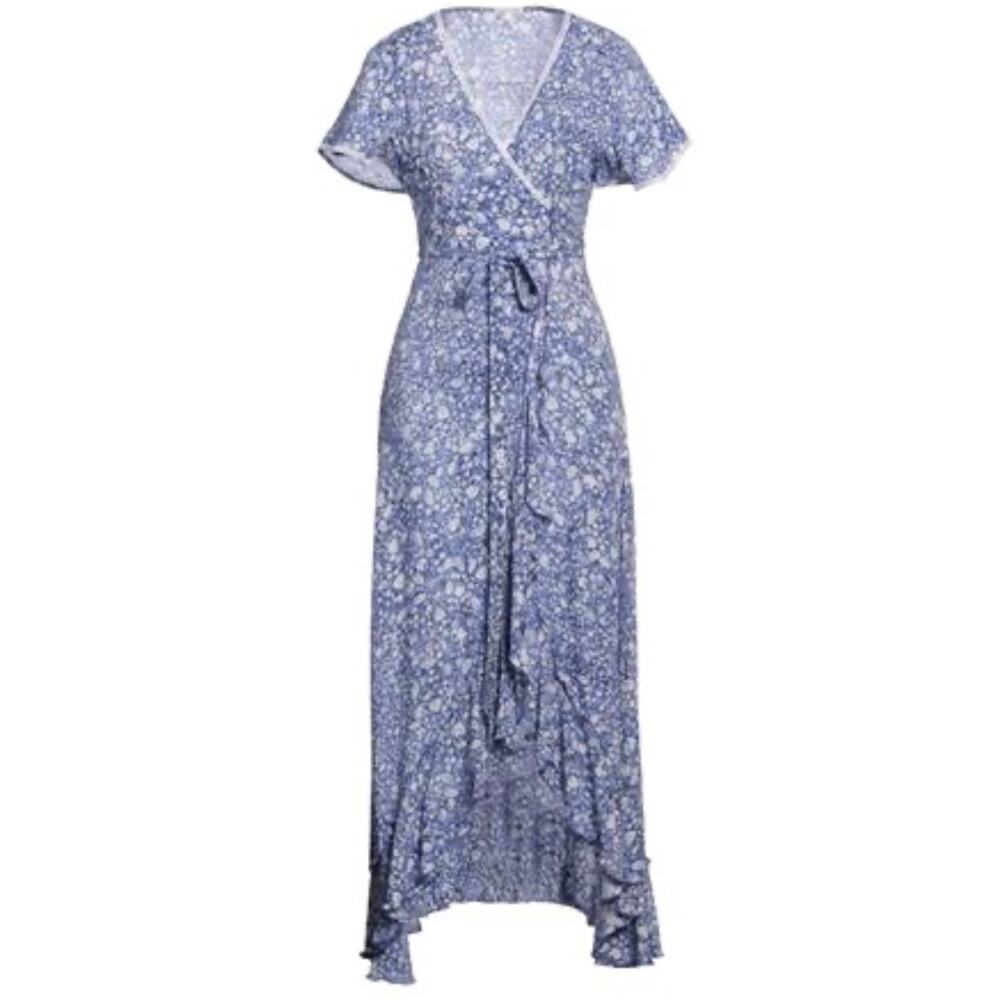Poupette St. Barth Blue Floral Wrap Midi Dress